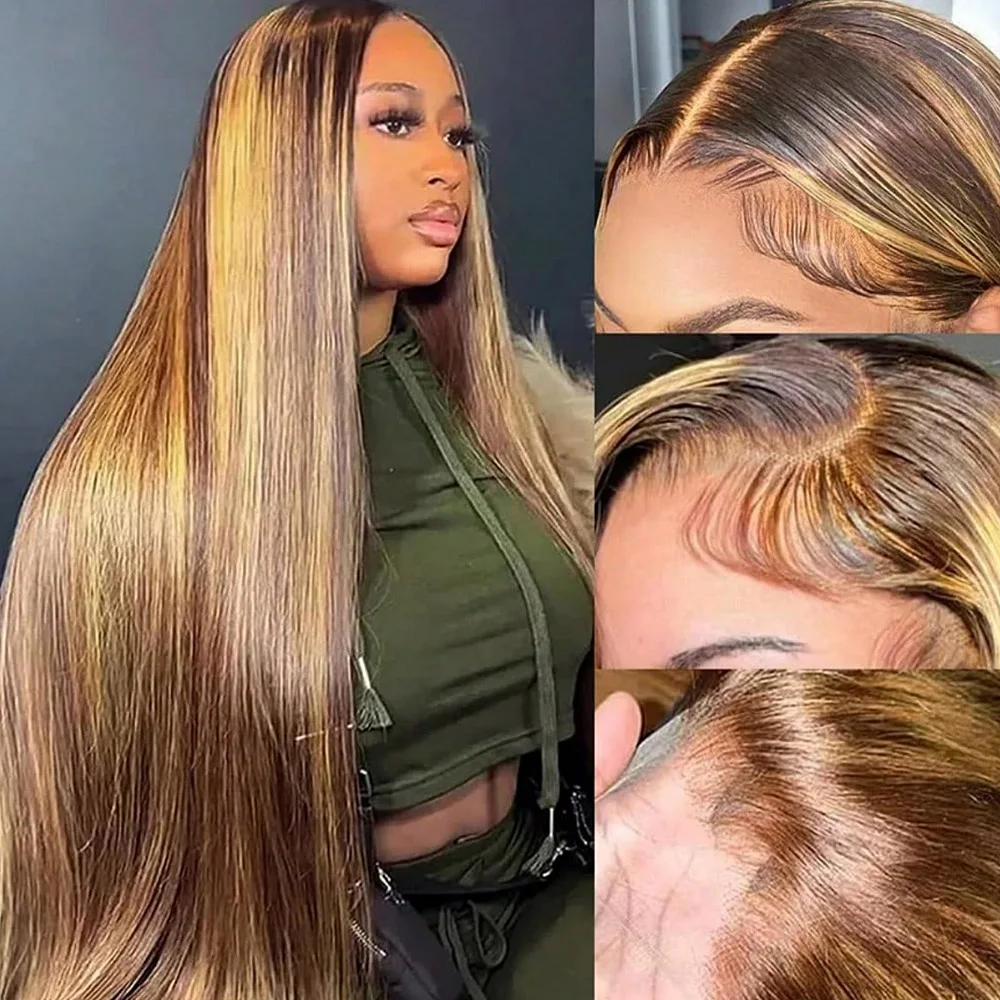 13x4 Straight Ombre Lace Front Wig Human Hair 26 Inch 4/27 Highlight Wig Human Hair Pre-Plucked with Baby Hair 200% Density