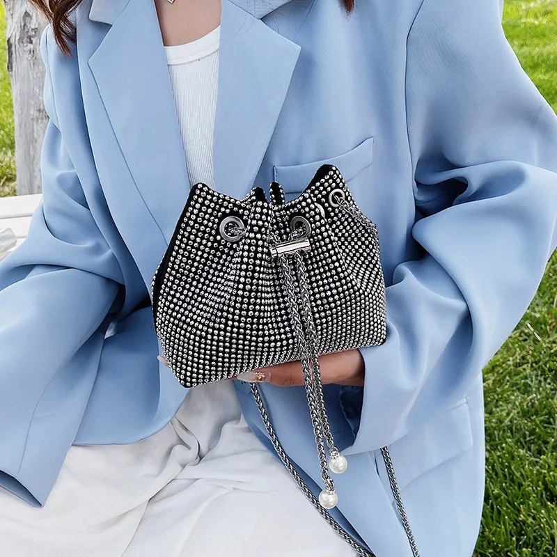 Versatile and Fashionable Rhinestone Large Capacity Bucket Crossbody Women's  Dinner Bag