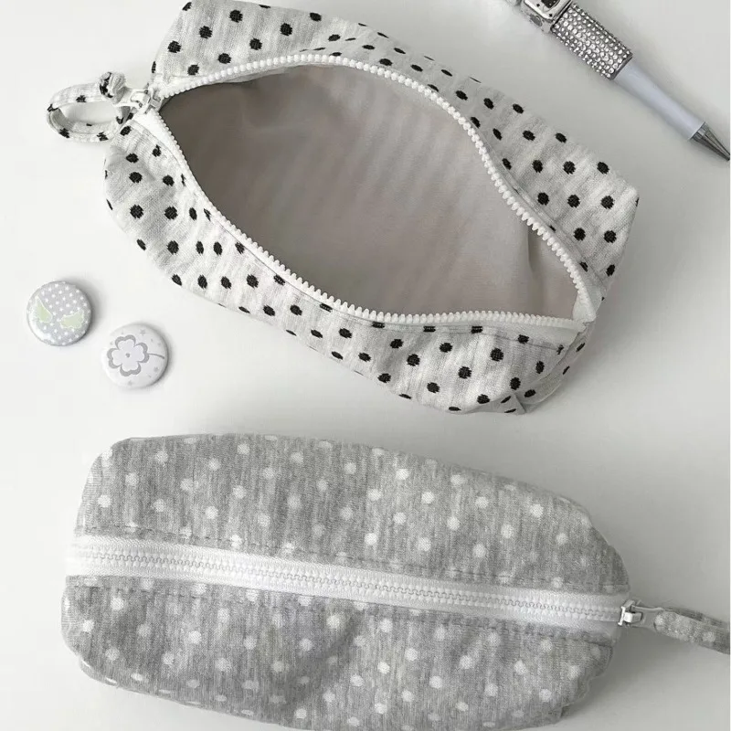 학생용 휴대용 패브릭 연필 가방 한국 스타일 도트 연필 케이스 대용량 패션 문구 정리함 메이크업 가방