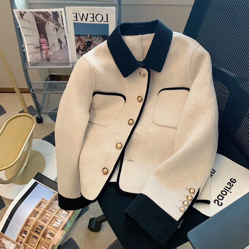 

Белое двустороннее кашемировое пальто, женское короткое Новое высококачественное шерстяное пальто во французском стиле на зиму 2023, шерстяное пальто для женщин