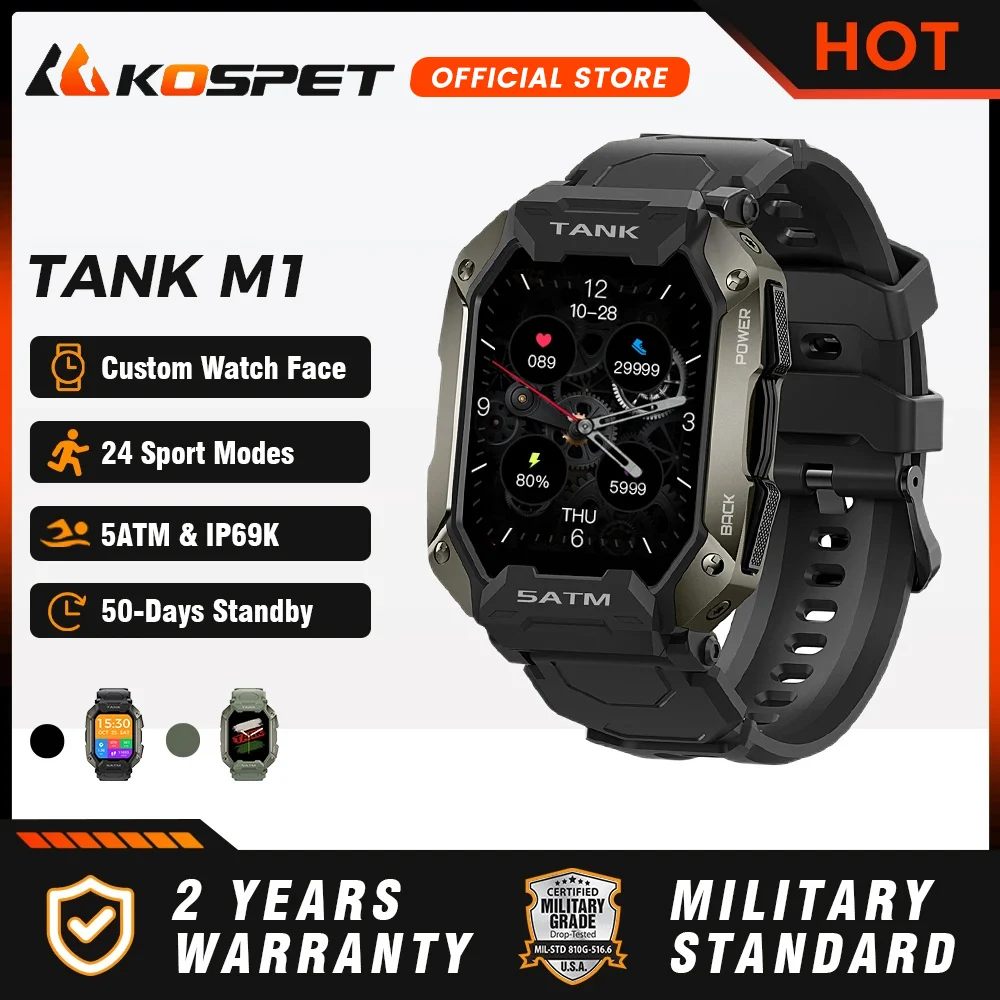 2024 KOSPET TANK M1 Relógio inteligente militar masculino Relógio inteligente para mulheres Preto Azul Monitor de freqüência cardíaca 5ATM IP69K À prova d'água Bluetooth 5.0 Fitness Relógios esportivos masculinos