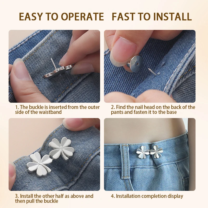 1Pair Four Leaf Clover Tightener Adjustable Waist Buckle for Jeans No Sewing Required Button Adjuster for Pants and Skirts Waist 4