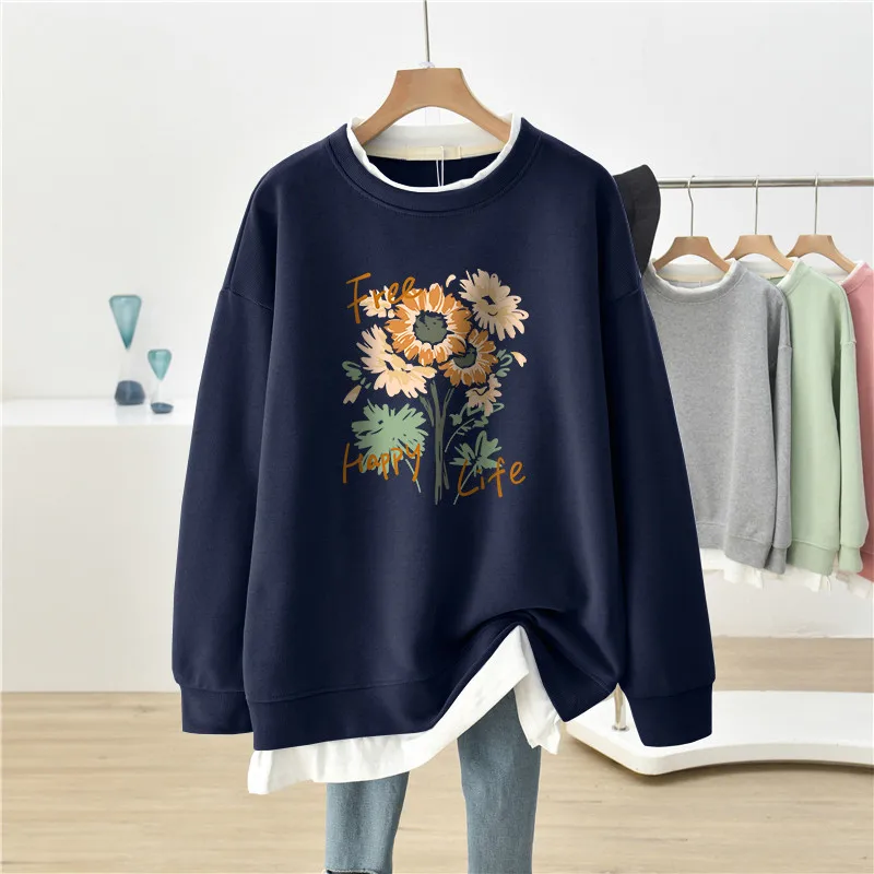 

Plus Size Sweatshirt Autumn Winter Velvet Lined Thick Warm Coat Women FakeTwo Pieces Flower Print Pullover Oversized Hoodies