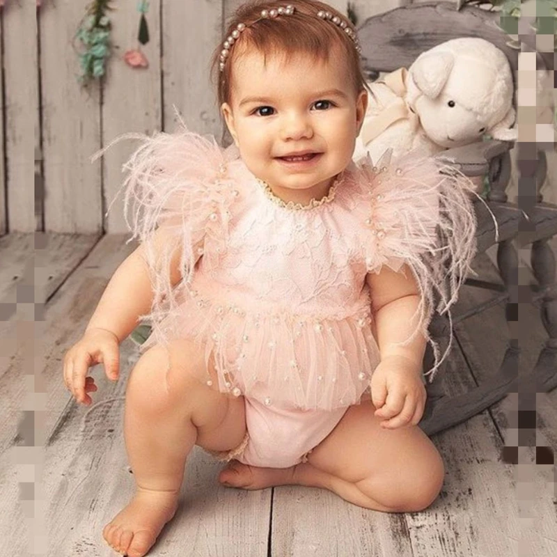 3Pcs Newborn Baby Photography Props Feather Lace Skirt Short Pant