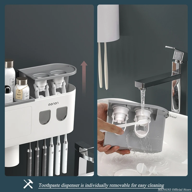 MENGNI- Adsorption Inverted Toothbrush Holder Wall -Automatic Toothpaste Squeezer Storage Rack Bathroom Accessories