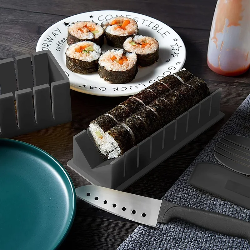 Sushi Making Kit Deluxe Edition with Complete Sushi Set 10 Pieces Plastic  Sushi Maker Tool Complete with 8 Sushi Rice Roll Mold Shapes Fork Spatula