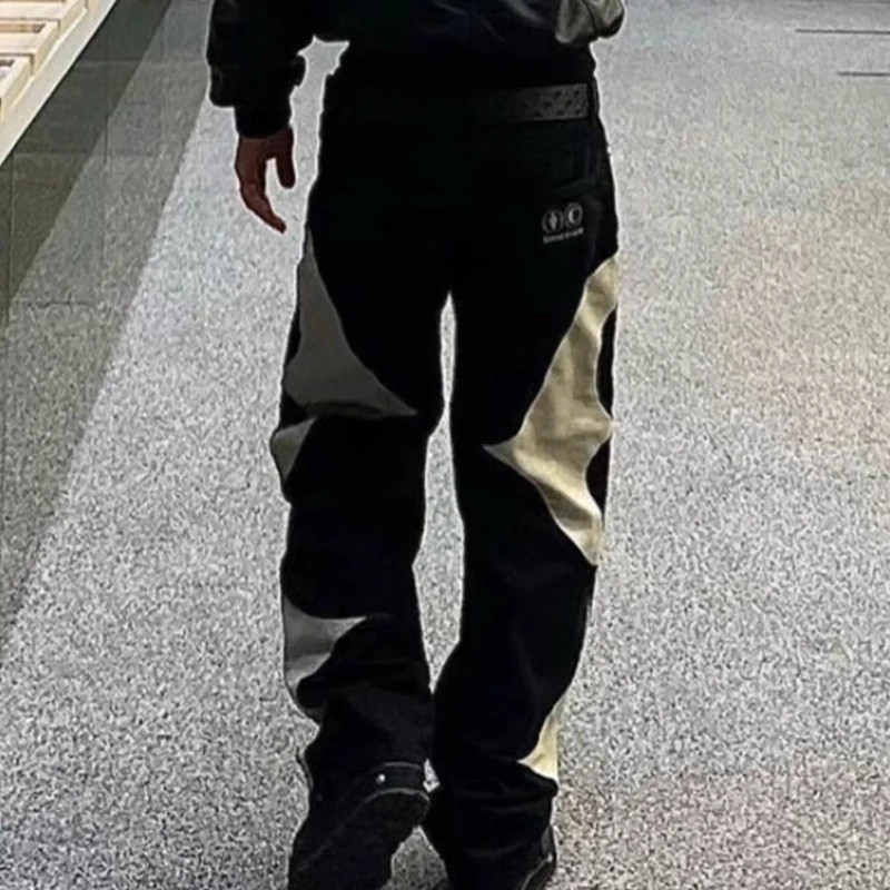 Thug Club Pu Leaher Embroidery Patchwork Baggy Y2K Jeans Men's Streetwear Straight Oversized Denim Trousers Unisex Cargo Pants 3