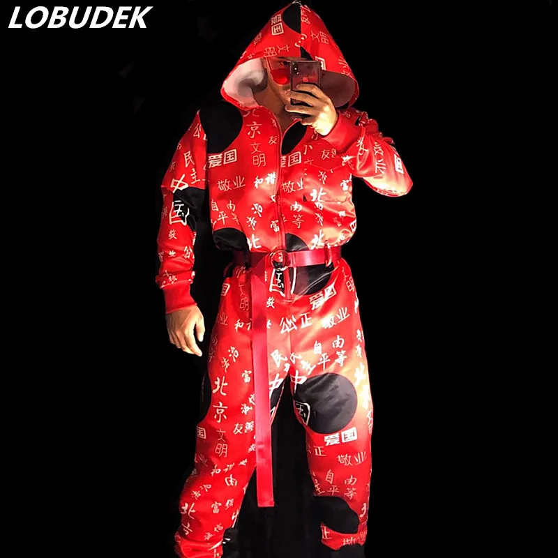 

Male Overalls Red Printed Jumpsuit Prom Nightclub DJ Singer Hip Hop Rock Dance Outfit Stage Wear Bar Club Party Costume