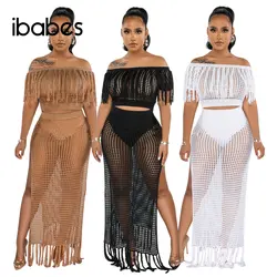 Crochet Knitted Women Cover Ups Tassel Off Shoulder Crop Top High Slit Skirts Matching 2 Piece Set 2023 Summer Beach Tracksuits