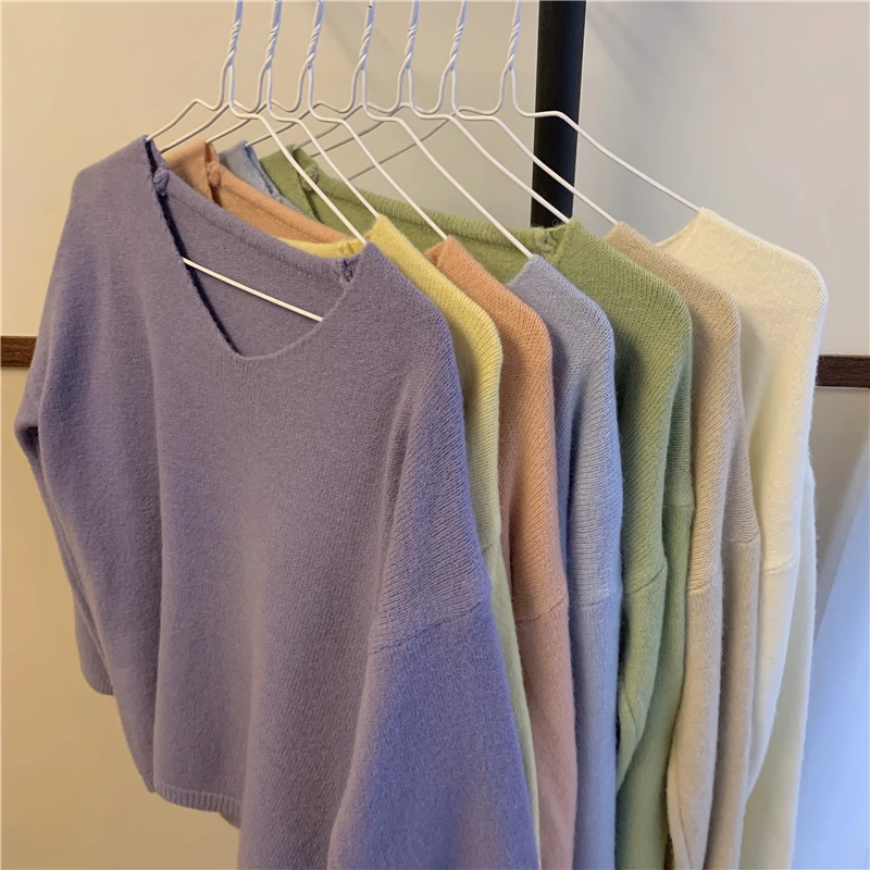 V-neck Pullovers Women Solid Candy Colors Sweet Harajuku High Street Loose-fit Long Sleeve Sweaters Ulzzang Knitted Pullover Ins striped sweater