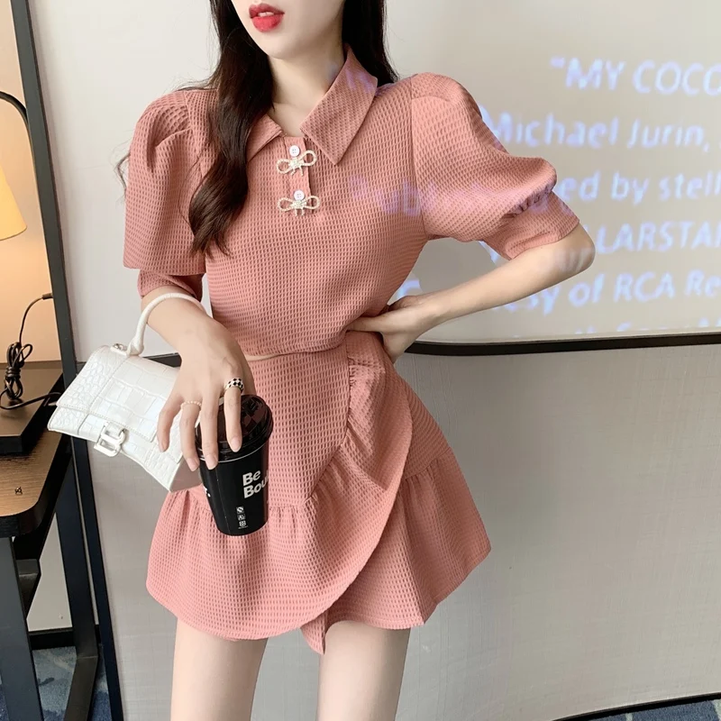 Make net price minus age hubble-bubble sleeve short jacket bust skirt of female falbala a word two suits summer |