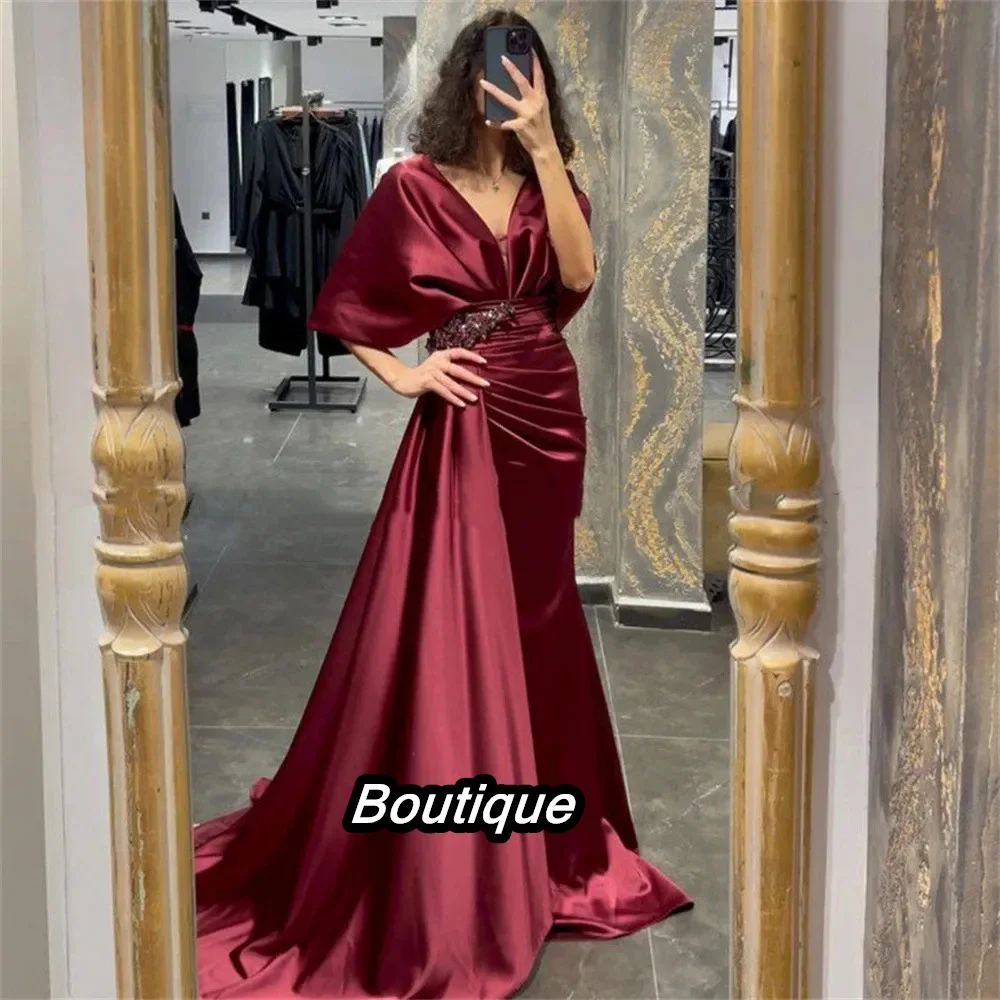 

Formal Mermaid Silk Evening Dresses, Satin Cape Sleeve Prom Dresses, Sexy Front Closure Pleated with Applique, Occasion Dresses