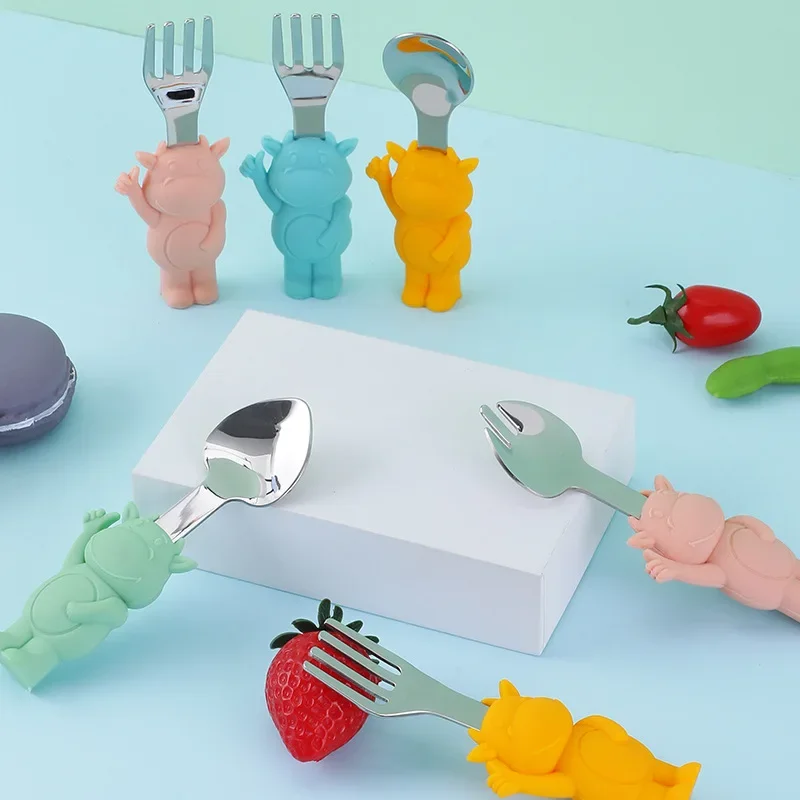 

Cartoon Children's Silicone Feeding Tableware 304 Stainless Steel Spoon Fork Household Baby Baby Fork Two-piece Set
