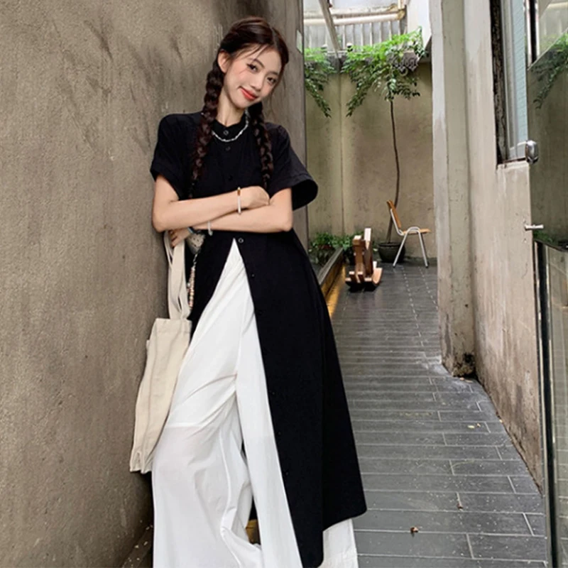 Solid Short Sleeve Shirt Dress For Women Summer Loose Fitting