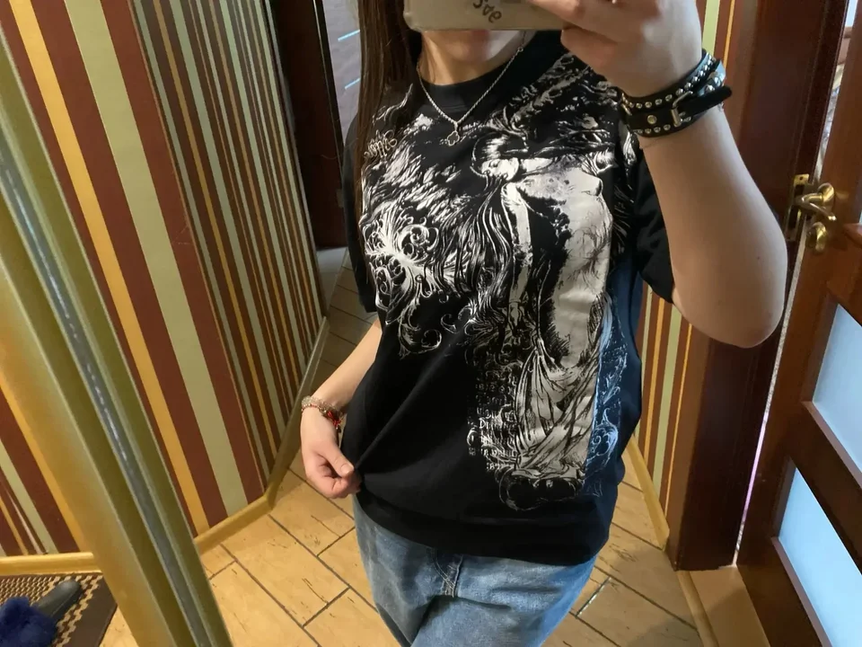 2000s Y2k New Harajuku Retro Men's Gothic Dying Angel Black T