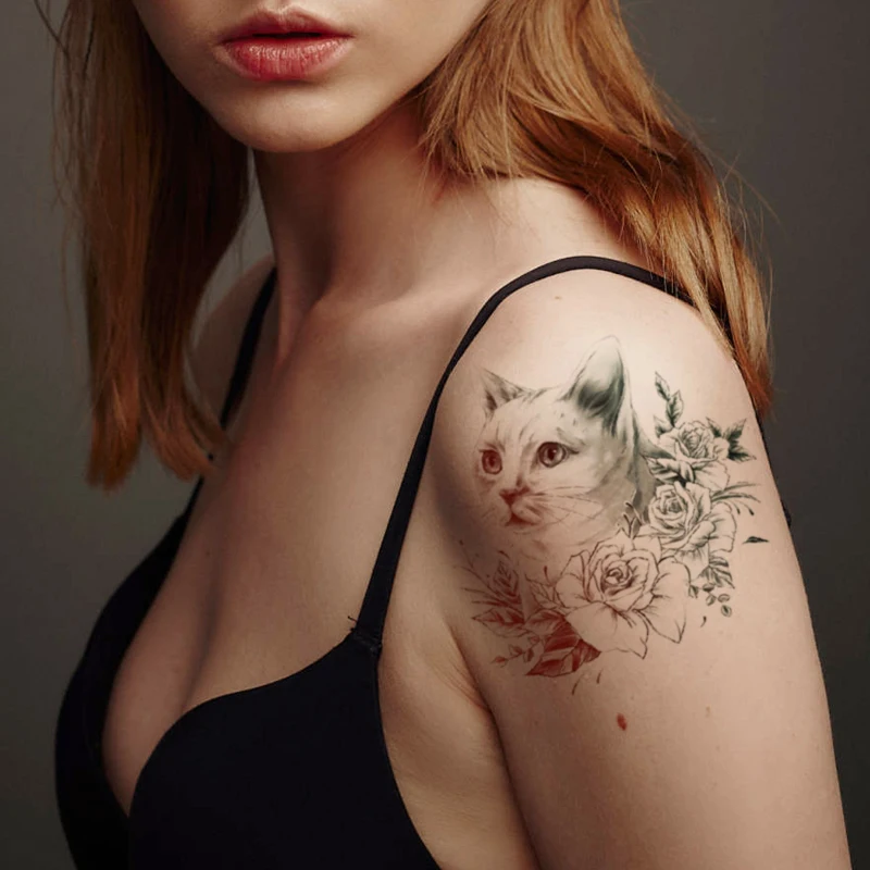 

Waterproof Temporary Tattoo Sticker Realistic White Cat Plain Flower Design Fake Tattoos Flash Tatoos Arm Body Art for Women Men