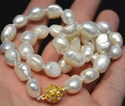 

New 9-10mm white Irregular baroque pearl necklace gold clacp 18inch