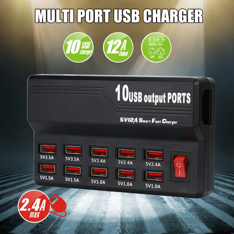 

Smart 10-Port Charger Quick Charge Station USB 12A Power 60W USB Charger Socket Porous USB Adapter for iPad Tablet Mobile Phone