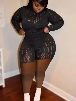 LW Plus Size Shorts Set Pierced Stretchy Sexy Women Casual O Neck Sheath Summer Matching Outfits