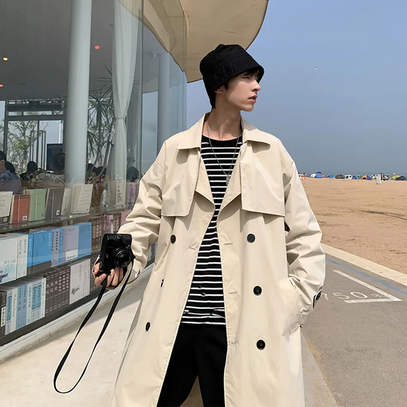 한국 스타일 용수철 트렌치 코트, 남성 스트리트웨어 바람막이 트렌치코트, 솔리드 비즈니스 캐주얼, 루즈 롱 오버코트