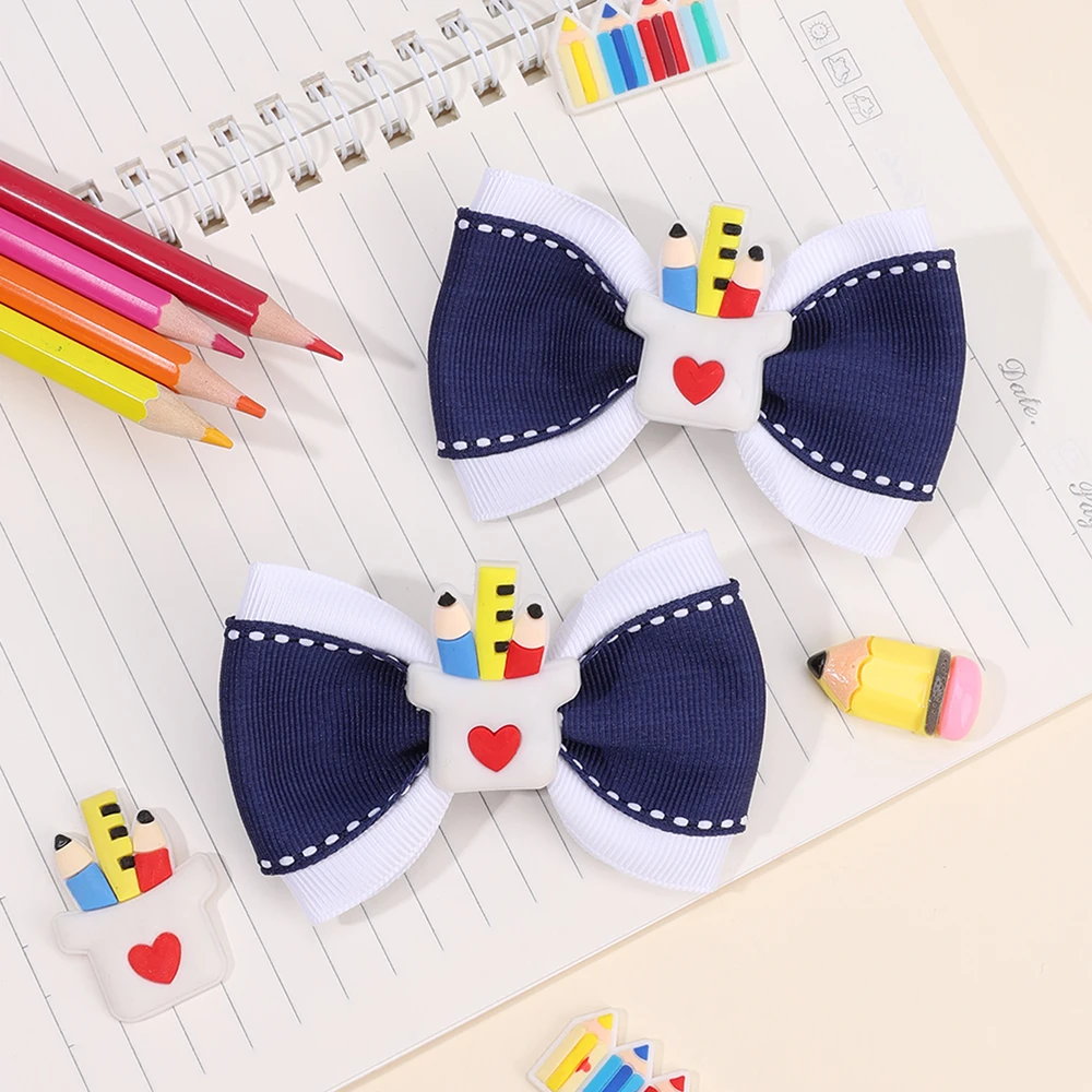 2Pcs Back To School Hair Clips Cute Sweet Pencil Apple Alphabet Bow Hairpins Ribbon Barrette For Girls Kids Headwear Accessories