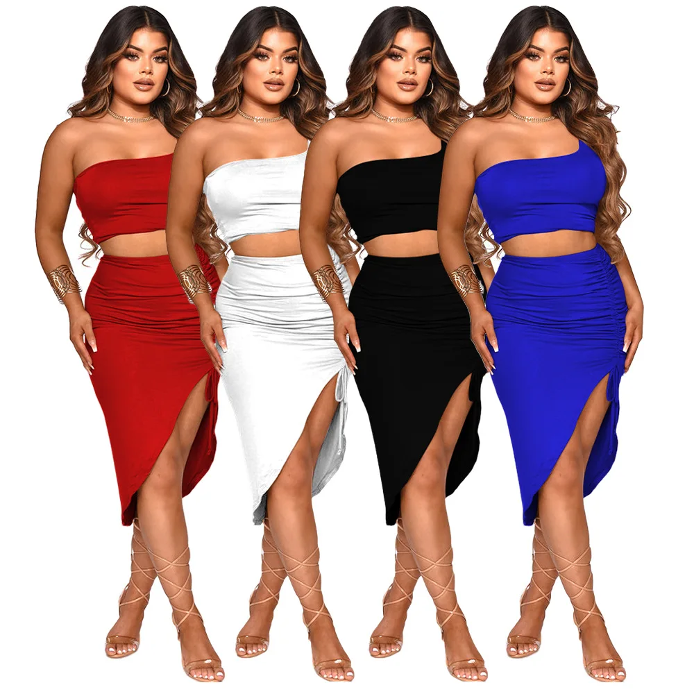 

2023 Spring And Summer Women Solid-color Pleated One-shoulder Skirt Suit