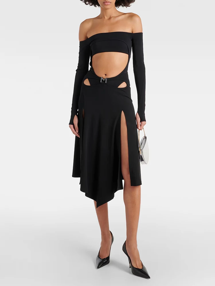 

Black hollow mid-length half-body skirt sexy and elegant high-waisted slit A-line women's half-skirt 2024 summer new