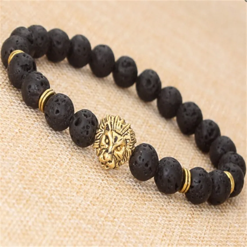 

8mm Black Lava Stone Lion Bracelet 7.5inches Cuff Chain Beaded Unisex Unique Jewelry Lovers Prayer
