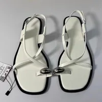 Sexy Thin Straps Flat Sandals Women 2025 Summer Footwear Chic Metal Square Toe Soft Leather Beach Traf Shoes for Lady Wholesale - Image 4