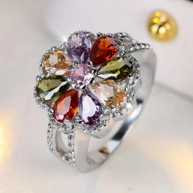 TEQ Creative Sliver Color Flower Shape Colorful Zircon Rings For Women Fashion Rings Accessories Custom Jewelry 1