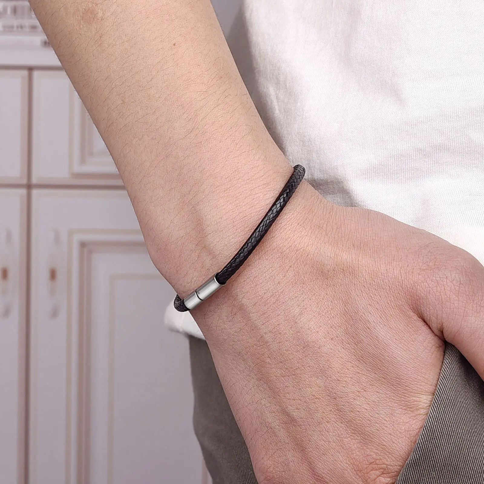 Elegant Black Brown Leather Bracelet Cord with Stainless Steel Clasp