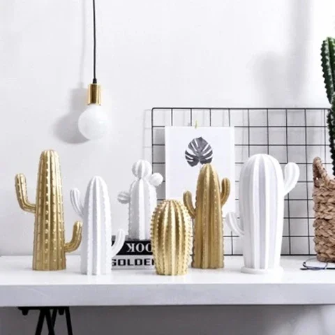 

More Size Resin Cactus Figurines Nordic Simple Style White Gold Home Accessories Living Room Creative Decoration Ornament VILEAD
