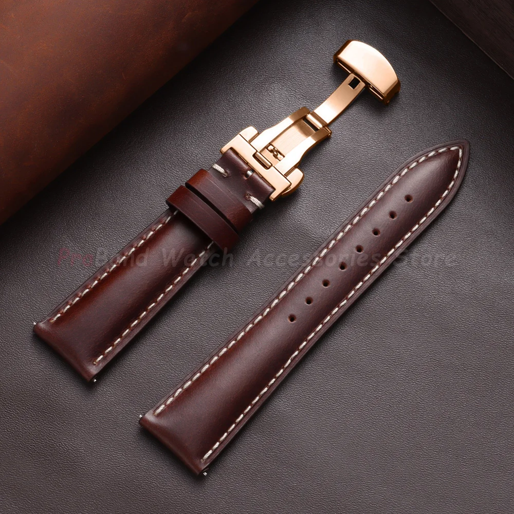Vintage Brown Oil Wax Leather Watch Strap with Butterfly Buckle - Men's Accessory