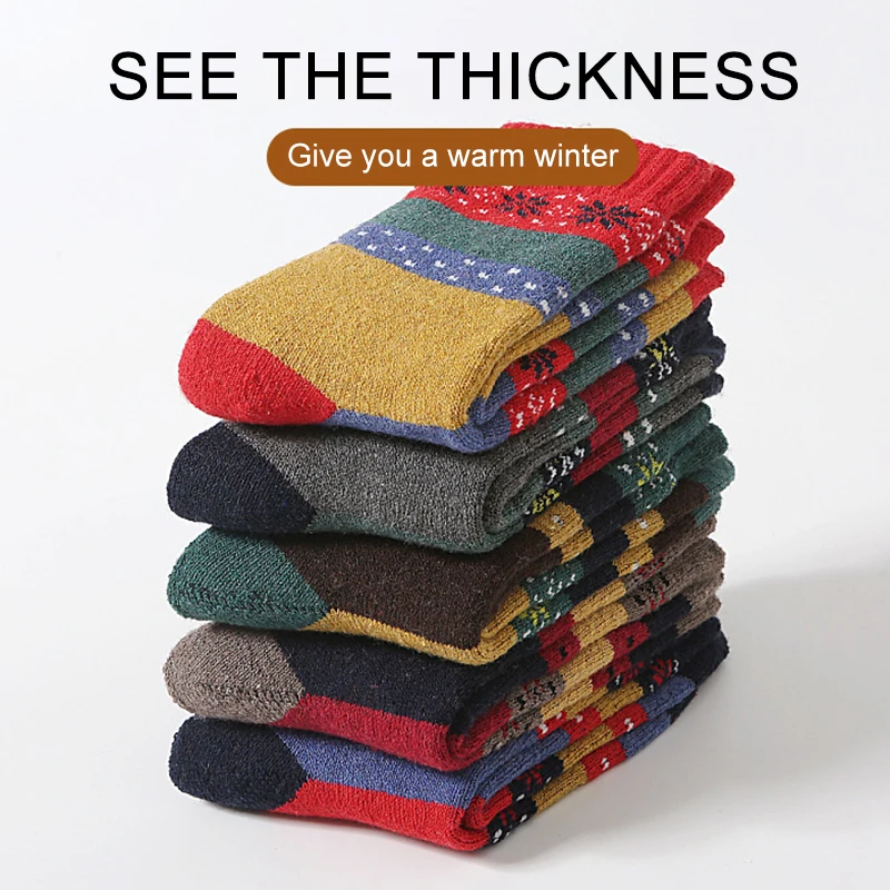 

5 Pairs Autumn Winter Warm Men's Thicken Thermal Wool Socks Fashion Socks National Style Socks for Christmas Halloween Gift