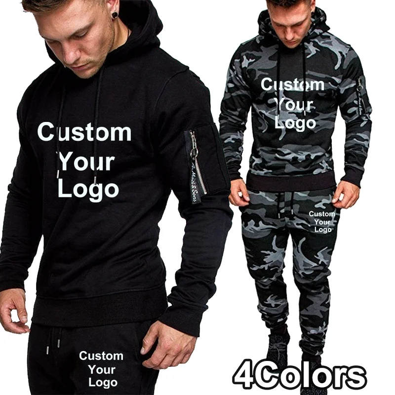 Autumn Men Custom Your Logo Tracksuit Sport Set Camo Printed Hoodies Coat + Pants Sportwear Suit Outdoor Running Jogging Sets custom logo 2pcs sets tracksuit men hooded sweatshirt pants pullover hoodie sportwear suit ropa hombre casual men running set