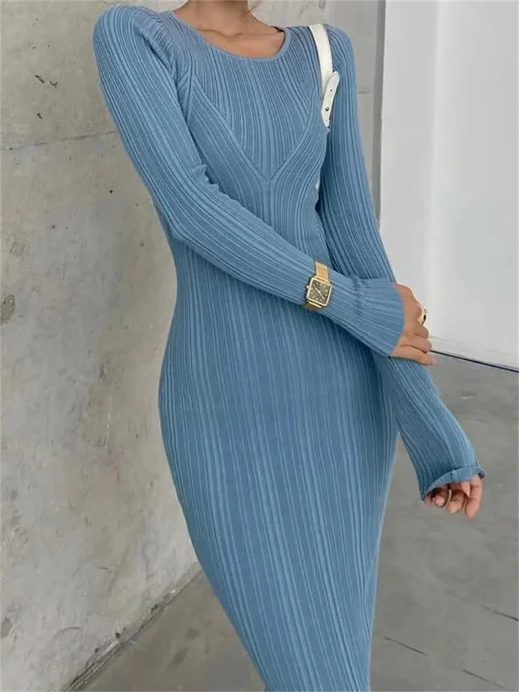 

Zabrina Autumn Long Sleeve Knit Dress Women Slim High Waist Patchwork Knitwear Elegant Bodycon Maxi Dresses Party Club Night