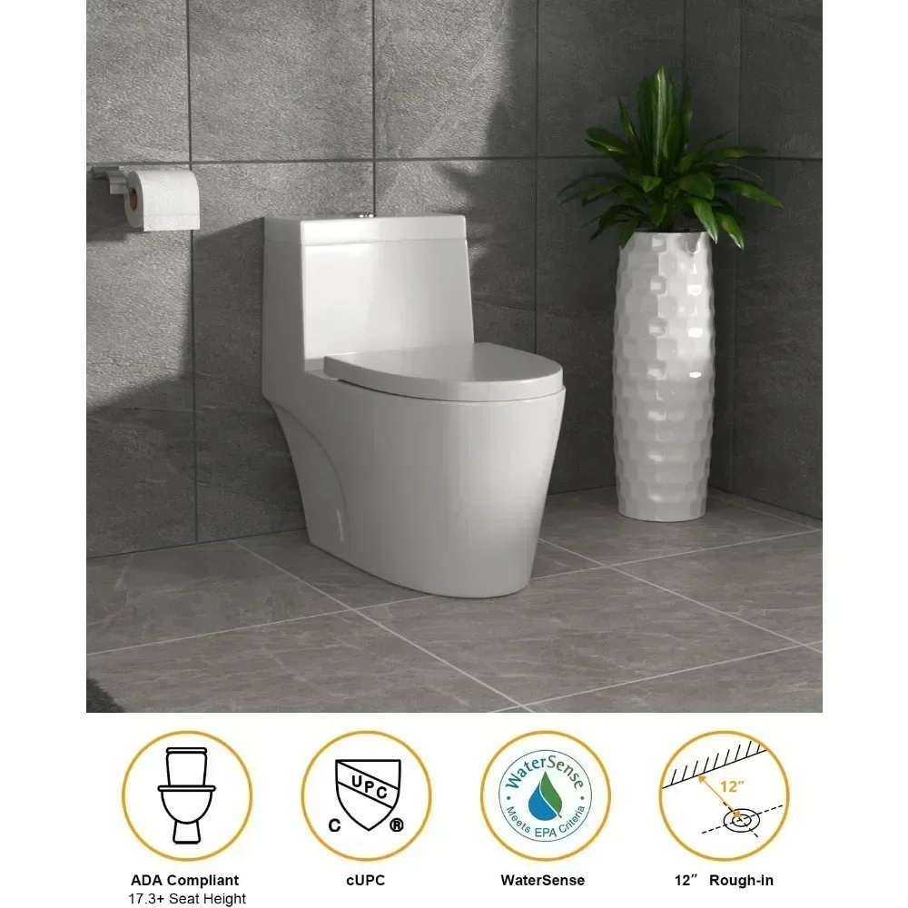 Modern Oval Integrated Toilet in Bathroom with Soft Close Seat, High Efficiency 1.1/1.6GPF Dual Flush, 12" Rough 4