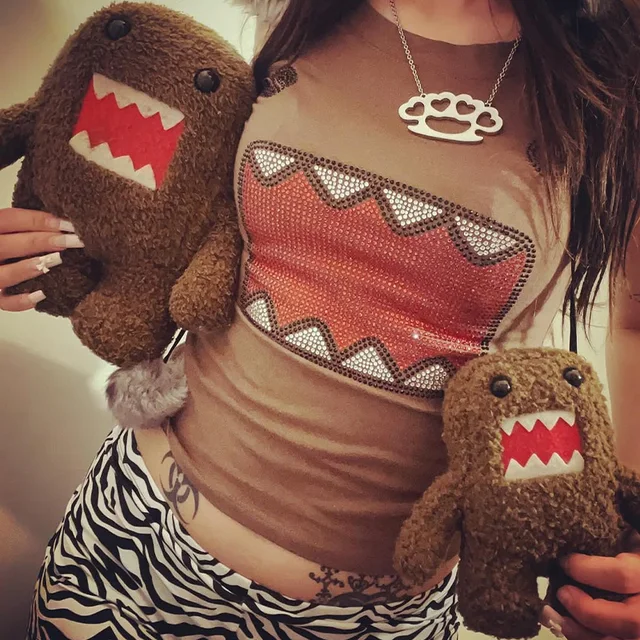 2025 été nouvelles femmes Y2K fille rétro chaud Fix strass Application col rond haut T-shirt drôle Vintage Tama Jun haut 1