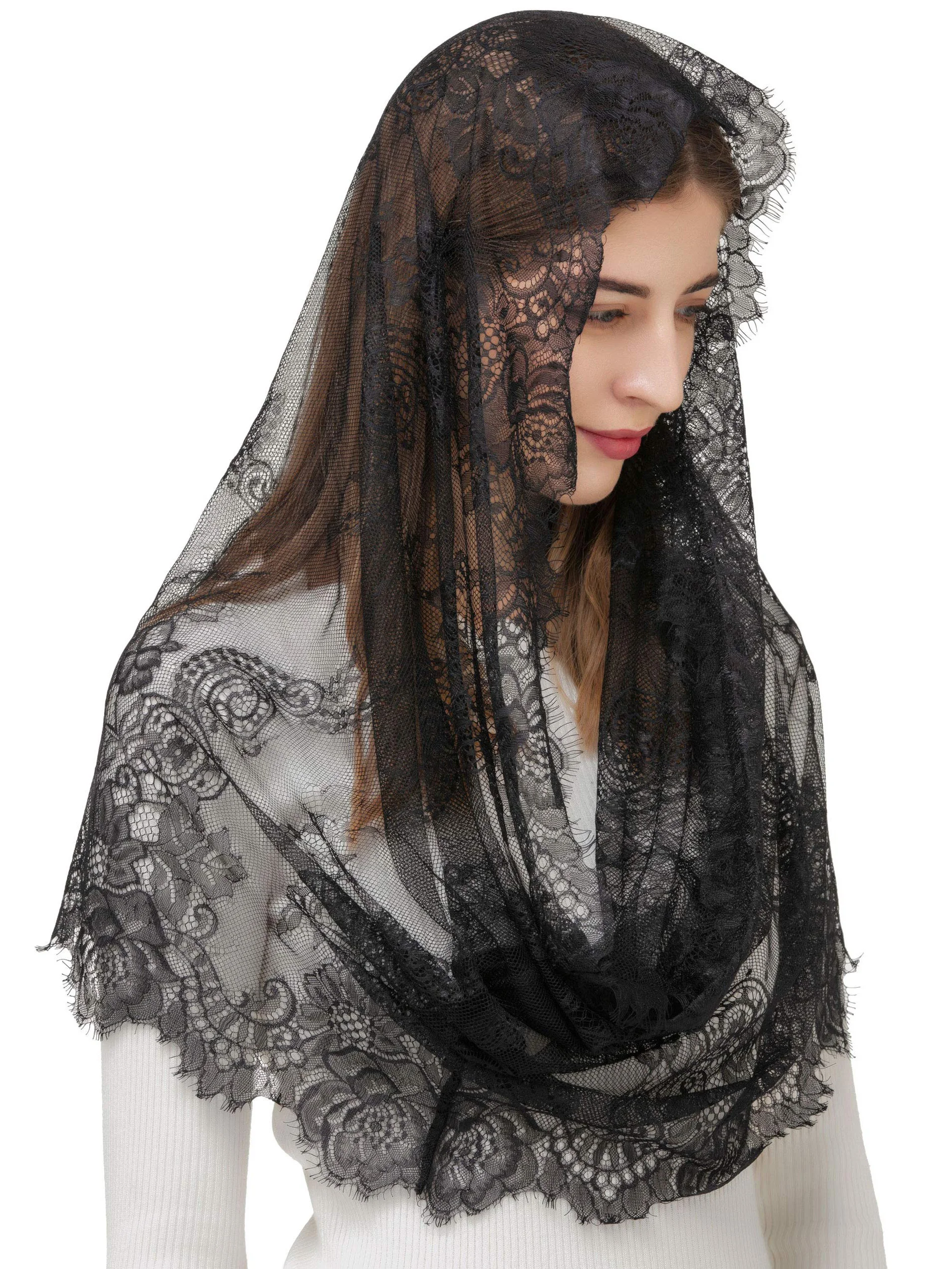 Velo Mantilla In Pizzo Morbido Rosa - Stile Spagnolo Con Fermaglio, 93x50 Cm - Per Matrimonio, Festa O Cerimonia - 5