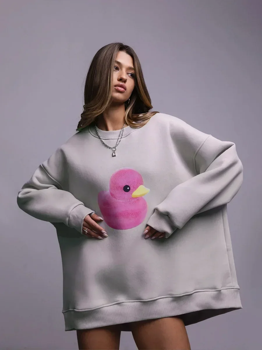 Bornladies  Autumn Winter Warm Yellow Duck Print Sweatshirt Women's Loose Round Neck Oversized Comfortable Trendy Casual Hoodies