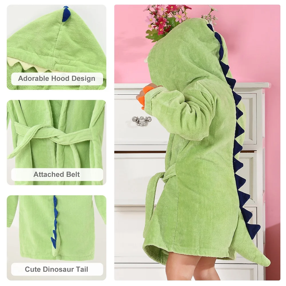MICHLEY Animals Dinosaur Hooded Baby Bathrobe Cotton Soft Infant