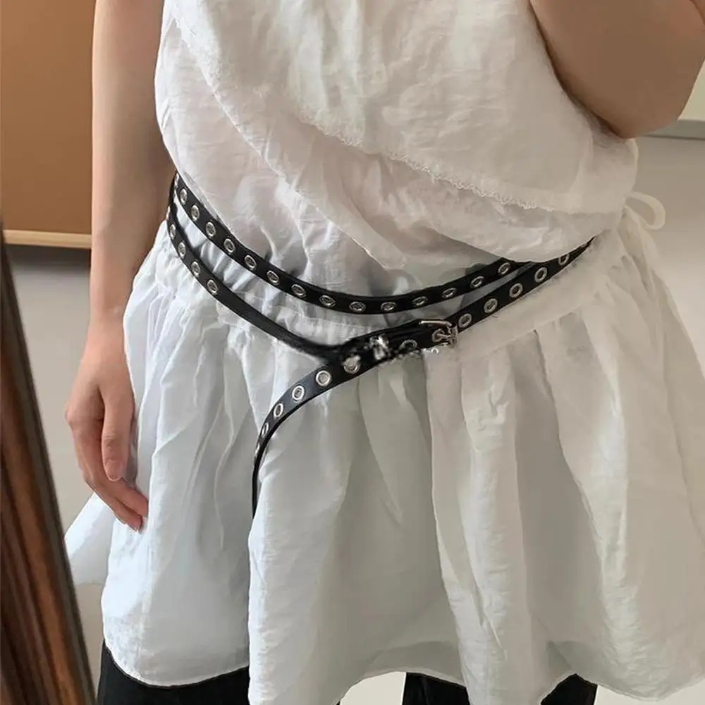 Y2K Punk Rivet Eyelet Leather Double Thin Belt Women PU Leather Black White Extra Long Thin Waist Strap Jeans Skirt Decoration