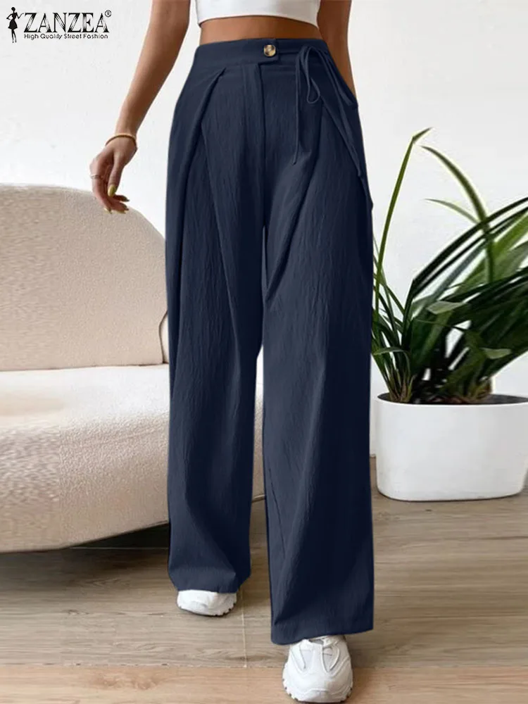 

Брюки ZANZEA женские с текстурной тканью, модные длинные штаны, винтажные повседневные свободные плиссированные штаны с завышенной талией, шикарные на шнуровке, 2023