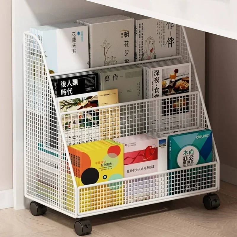 Large Book Library Cart Mobile Iron Document Bookcase Rack Picture Underdesk Storage Bookshelf Holder Children Room Organizer