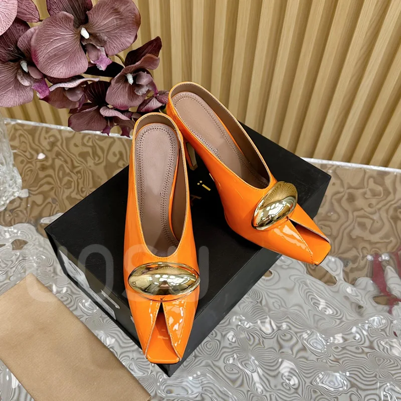 Designer Women's High Heels Luxury Metal Accessories Patent Leather Fine Heel Ladies Shoes Fashion Show Square Toe Dress Shoes