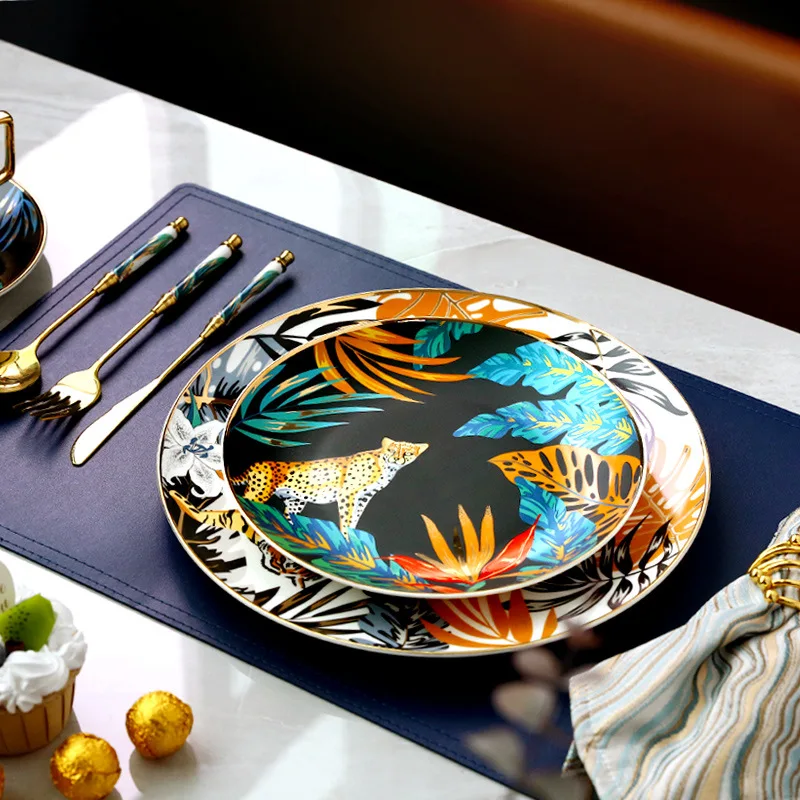 Dinnerware Set Colorful Forest Animal Design Plate Steak Tray Flat Plate Ceramic Tableware 8inch Dish Christmas Gift Gold Rim