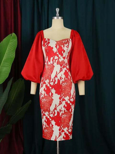 Red Printed Square Collar Lantern Sleeve Dress 2