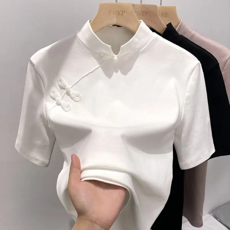 

T-shirts Women Vintage Chinese Style New Summer Wear Mandarin Collar Temperament Popular Graceful Casual Slim Hotsweet Tops Q305