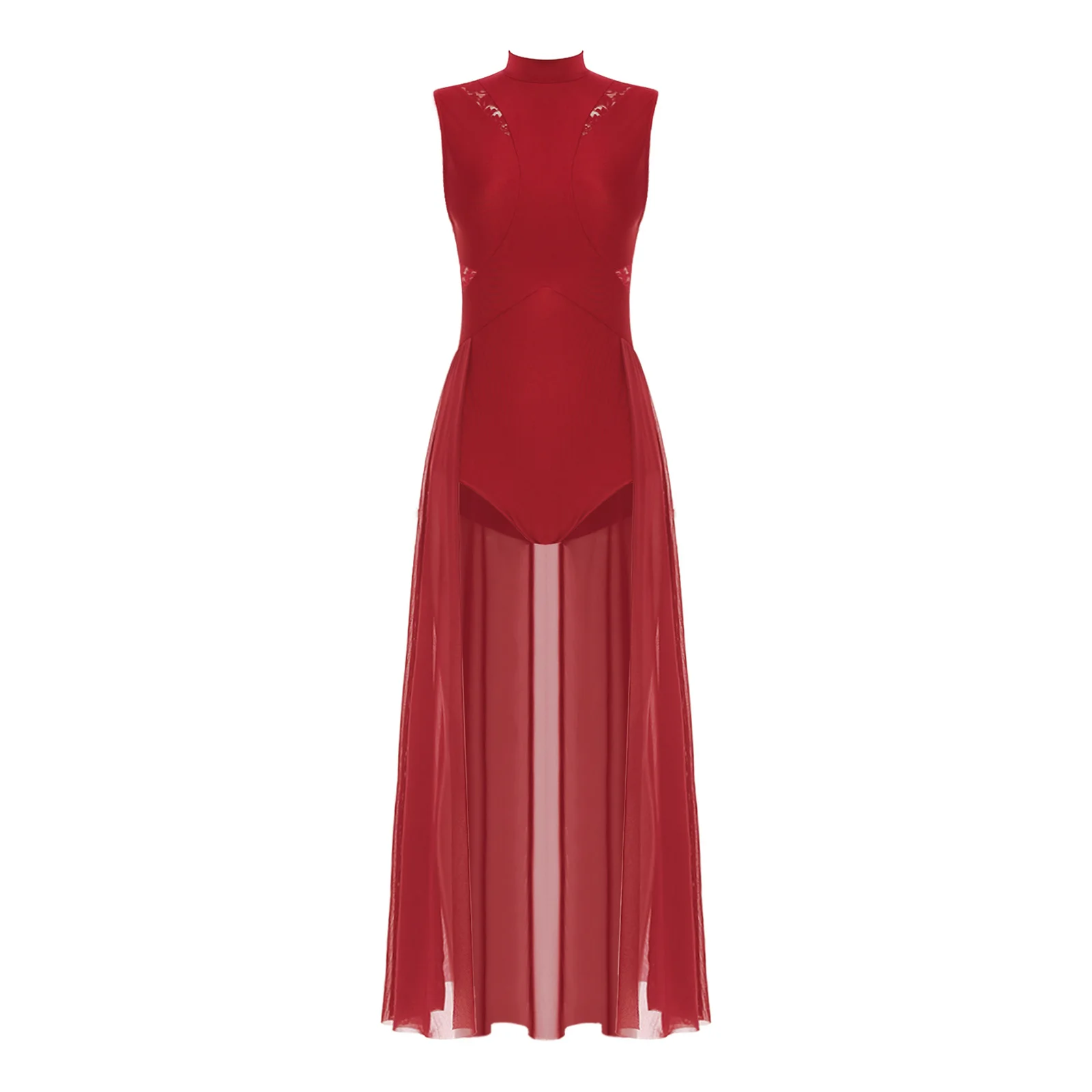 Lyrisches Tanz-Trikotkleid für Damen, Blumenspitze, Netzstoff, Spleißrock, Stehkragen, ärmellos, einteiliges Kleid, zeitgenössisches Tanzkostüm – Detail 16