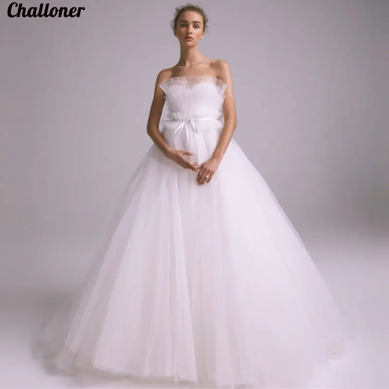 

Elegant Scalloped Neck Organza Sleeveless Wedding Dresses Simple Princess Strapless Bridal Gown Backless Court Train Custom Made